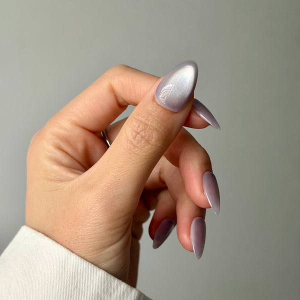 lavender grey press on nails almond shape glossy metallic minimalist nail design