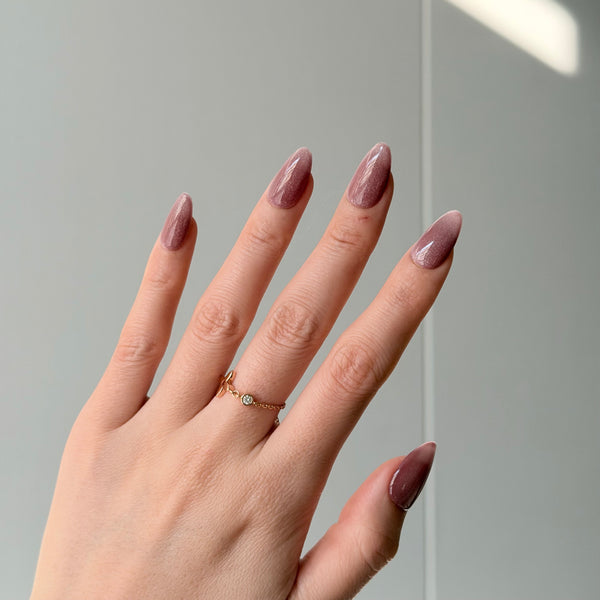mauve pink press on nails almond shape glossy pearl finish bridal styling