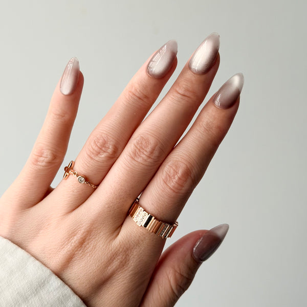 ivory shimmer press on nails almond shape glossy gradient luxury evening style