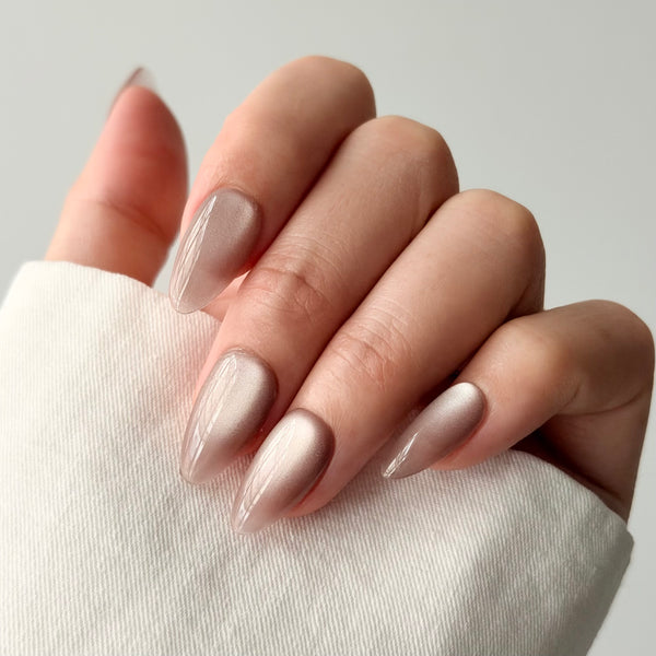 pearl nude press on nails almond shape chrome ombre elegant bridal manicure