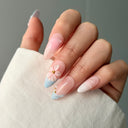 blush pink press on nails almond glossy blue tip floral design elegant wedding style