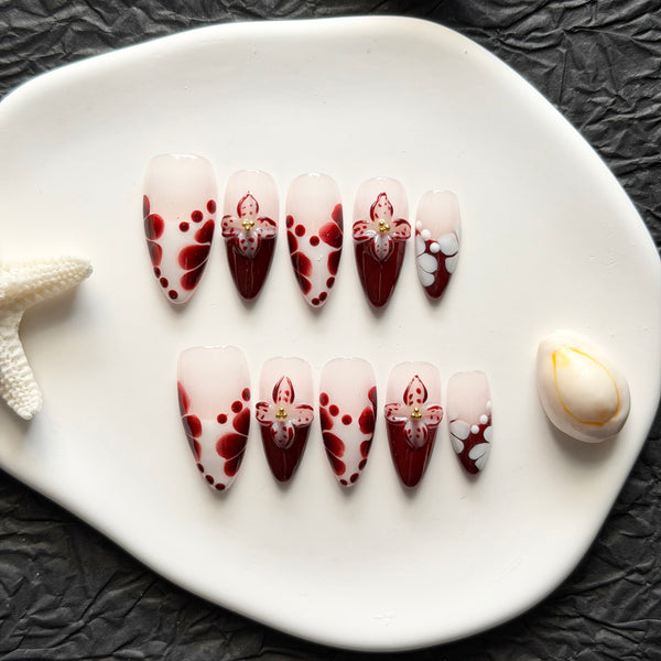 burgundy floral press on nails almond shape glossy finish romantic event wear