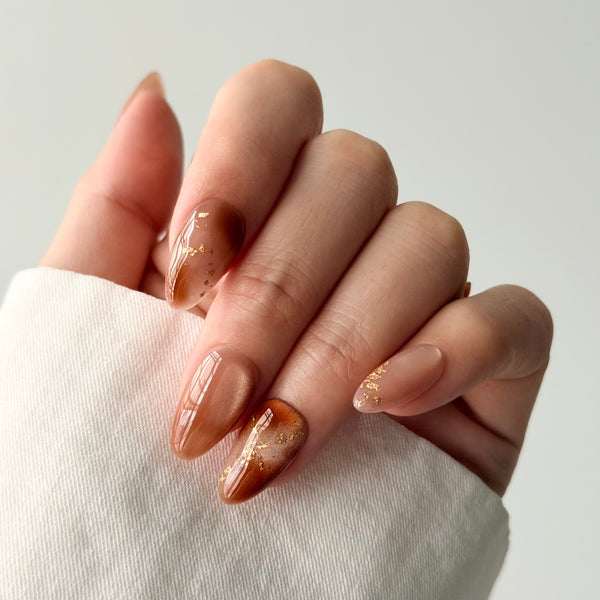 caramel nude press on nails almond shape gold foil ombre design everyday elegant style