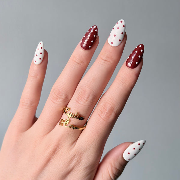 Glossy cherry press on nails almond shape polka dot minimalist party style