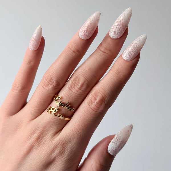 Ivory lace press on nails almond shape floral bridal luxury manicure design