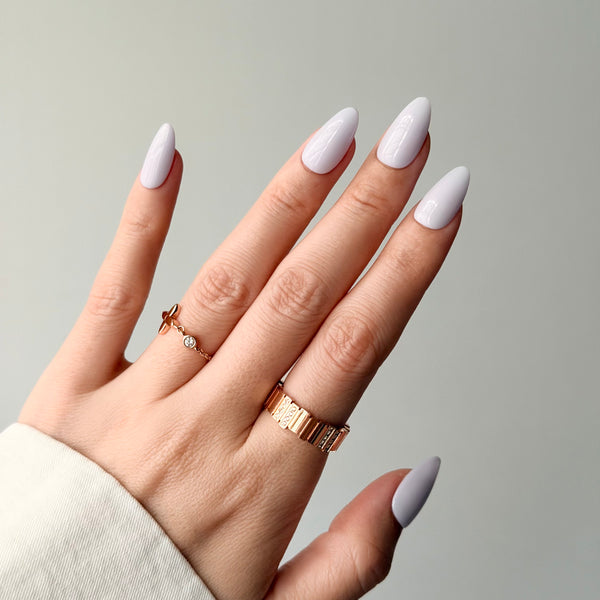 soft purple press on nails almond shape glossy clean elegant style wedding look