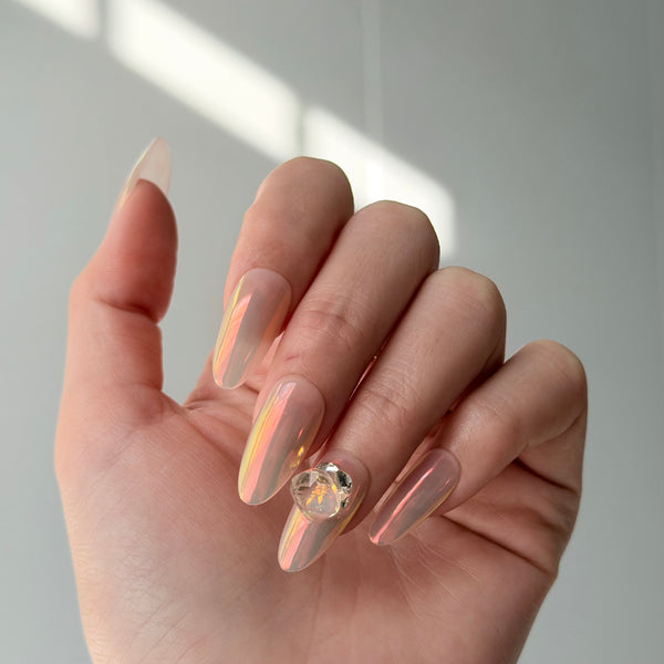 nude chrome press on nails almond shape iridescent shine crystal accent bridal style