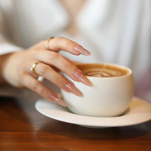 Latte blush almond press-on nails glossy neutral design elegant everyday nail style
