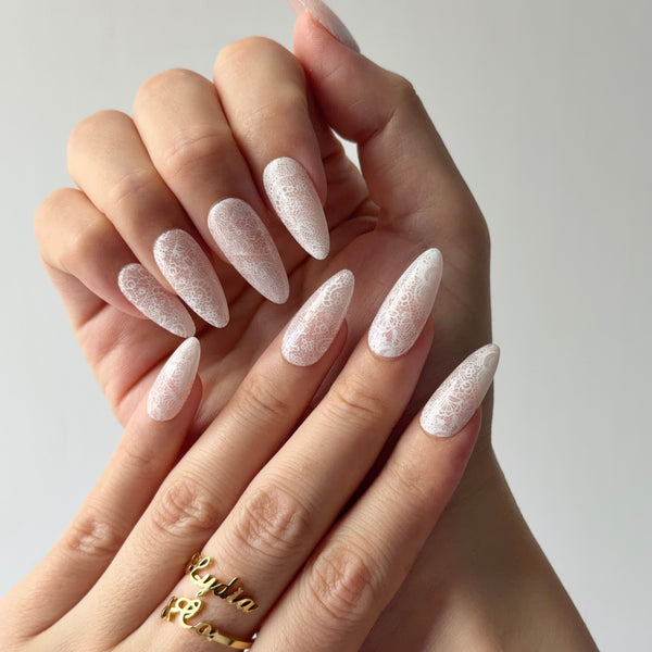 Glossy nude pink press on nails long almond delicate lace wedding style