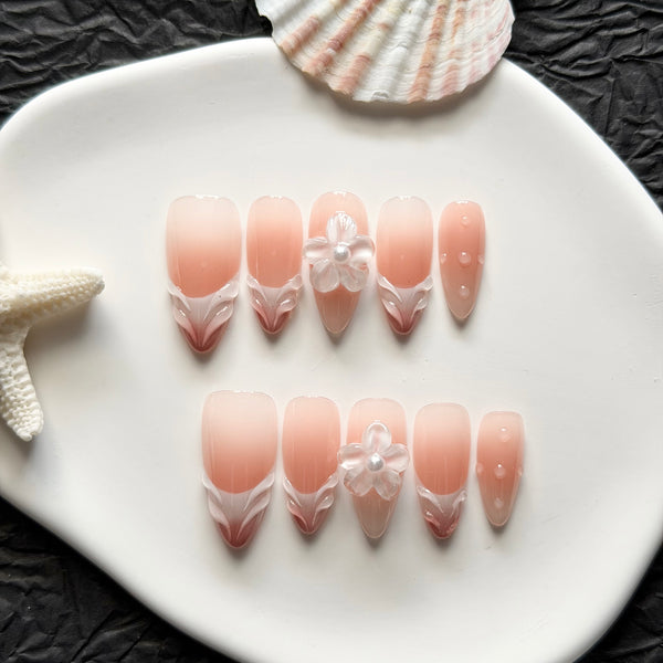 soft pink gradient press on nails almond shape floral pearl detail bridal occasion