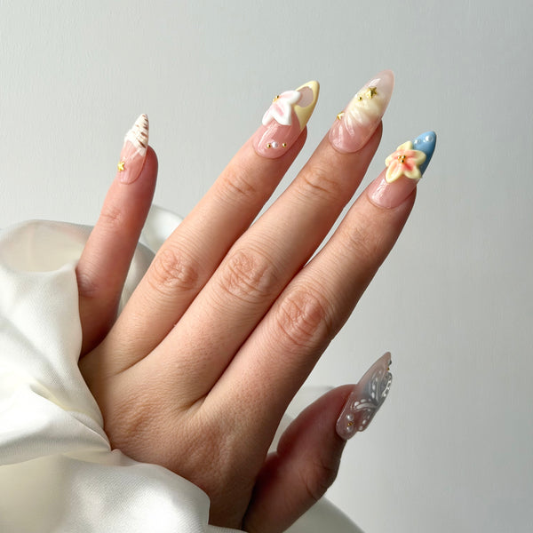 pastel nude press on nails almond glossy seashell floral star design summer vacation