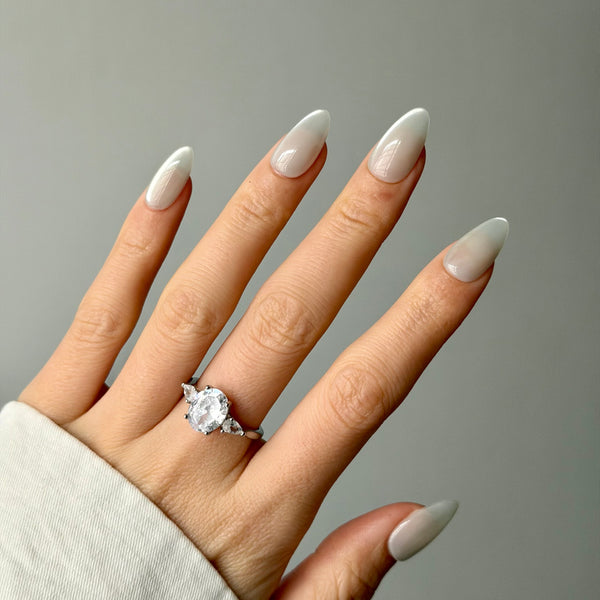 pearl white press on nails almond shape glossy shimmer design elegant wedding wear