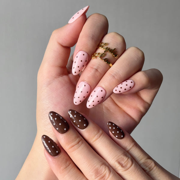 Pink and cocoa press on nails long almond dotted luxury party nail design