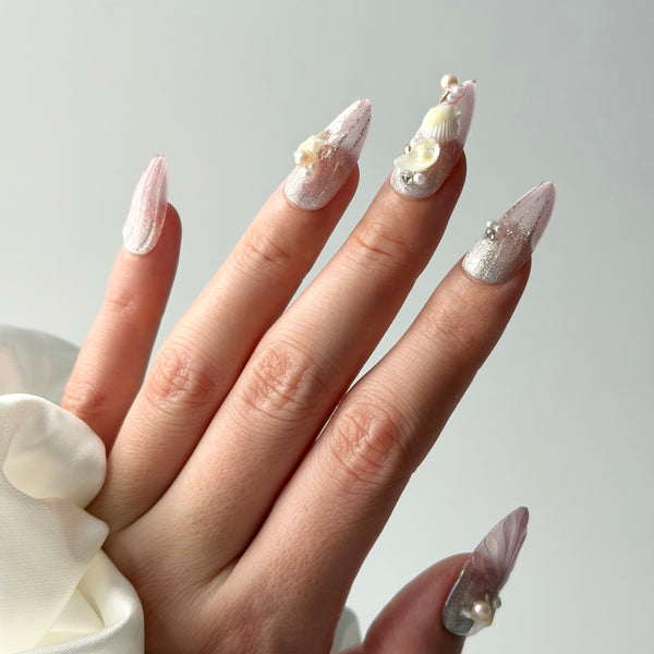 pink silver press on nails almond shimmer seashell pearl design beach wedding style