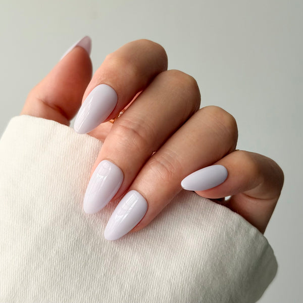 milky purple press on nails almond shape glossy minimalist design everyday wear