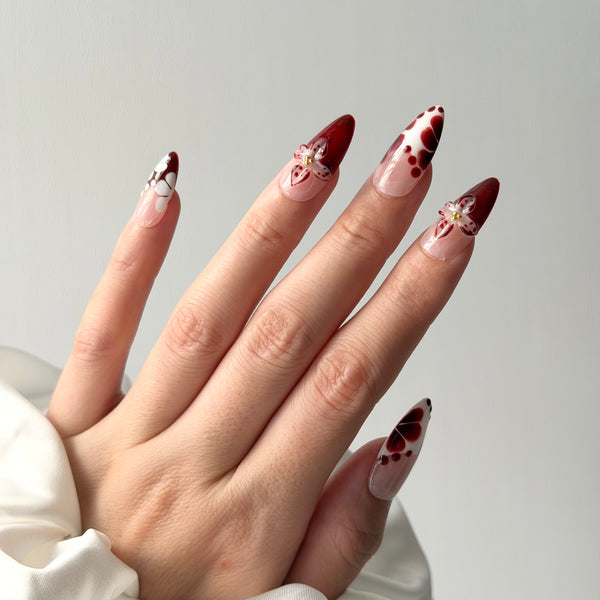 red nude press on nails almond glossy floral design elegant wedding style