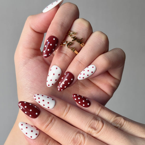 White and burgundy press on nails long almond dotted elegant everyday manicure