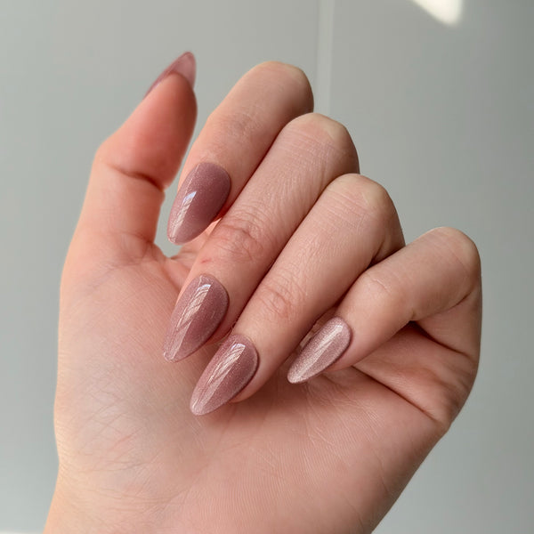 dusty rose press on nails almond shape shimmer chrome elegant evening manicure